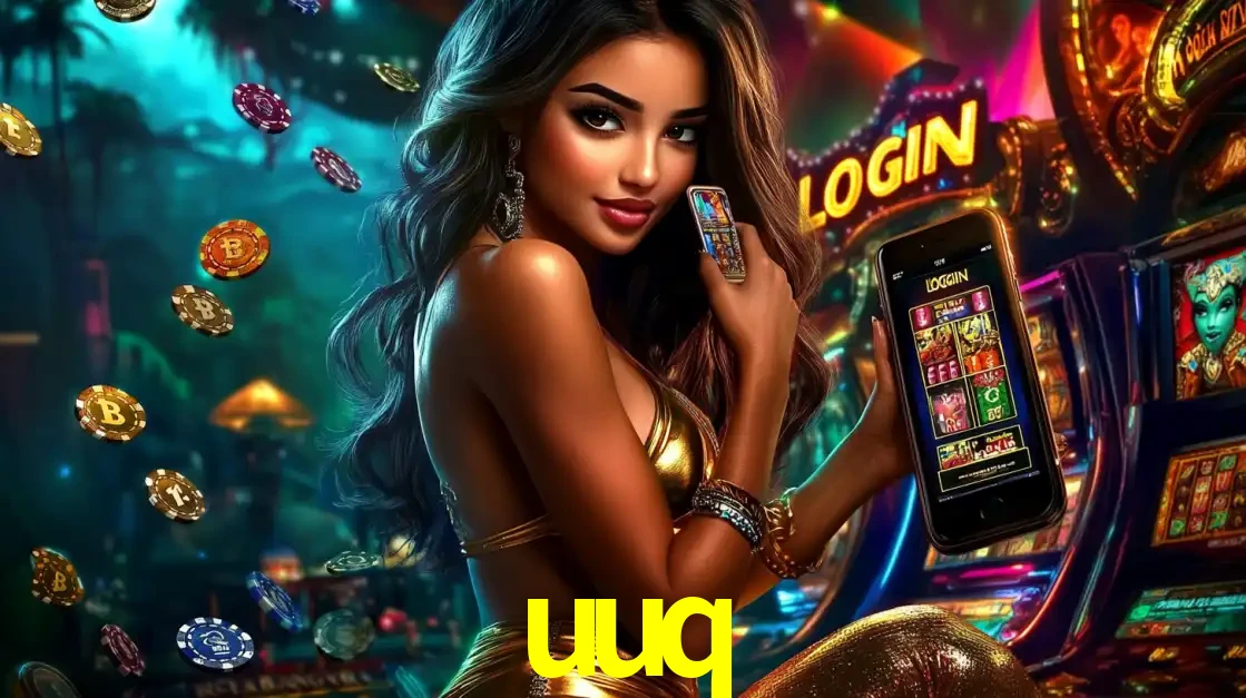 Mulher em um cenário de cassino temático de aventura, mostrando o app de caça-níqueis da uuq no celular. Fichas de apostas flutuam ao redor.